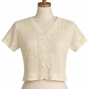 Women's silk Large Crochet Shirt Top Tan Open Knit Cottagecore Boho Lined